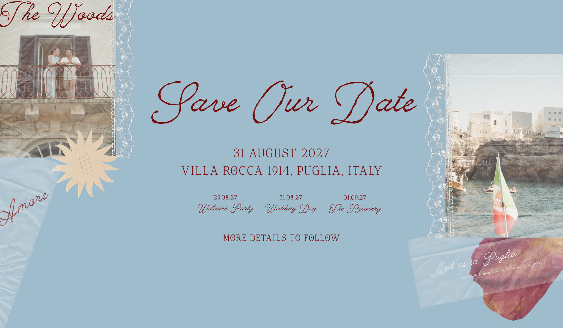 Save our date — Tash & Jules, 31 August 2027, Villa Rocca 1914, Puglia, Italy. Welcome party 29.08.27, wedding 31.08.27, recovery 01.09.27.